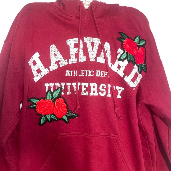 forever 21 (m) burgundy floral embroidered Harvard university hoodie - Picture 4 of 9